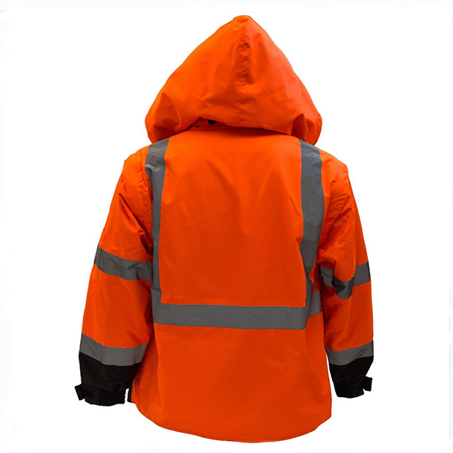 Chaqueta de seguridad naranja fluo con múltiples bolsillos, capucha ajustable, fondo negro