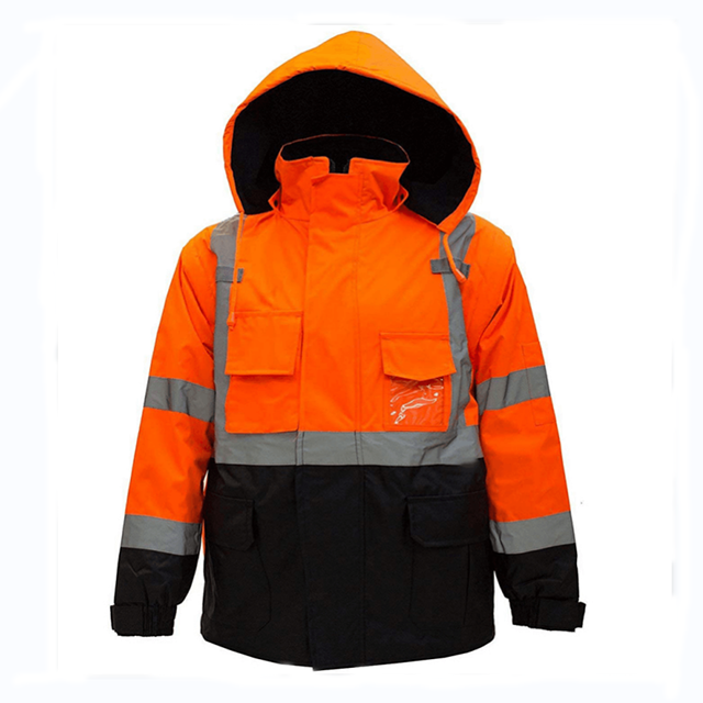 Chaqueta de seguridad naranja fluo con múltiples bolsillos, capucha ajustable, fondo negro